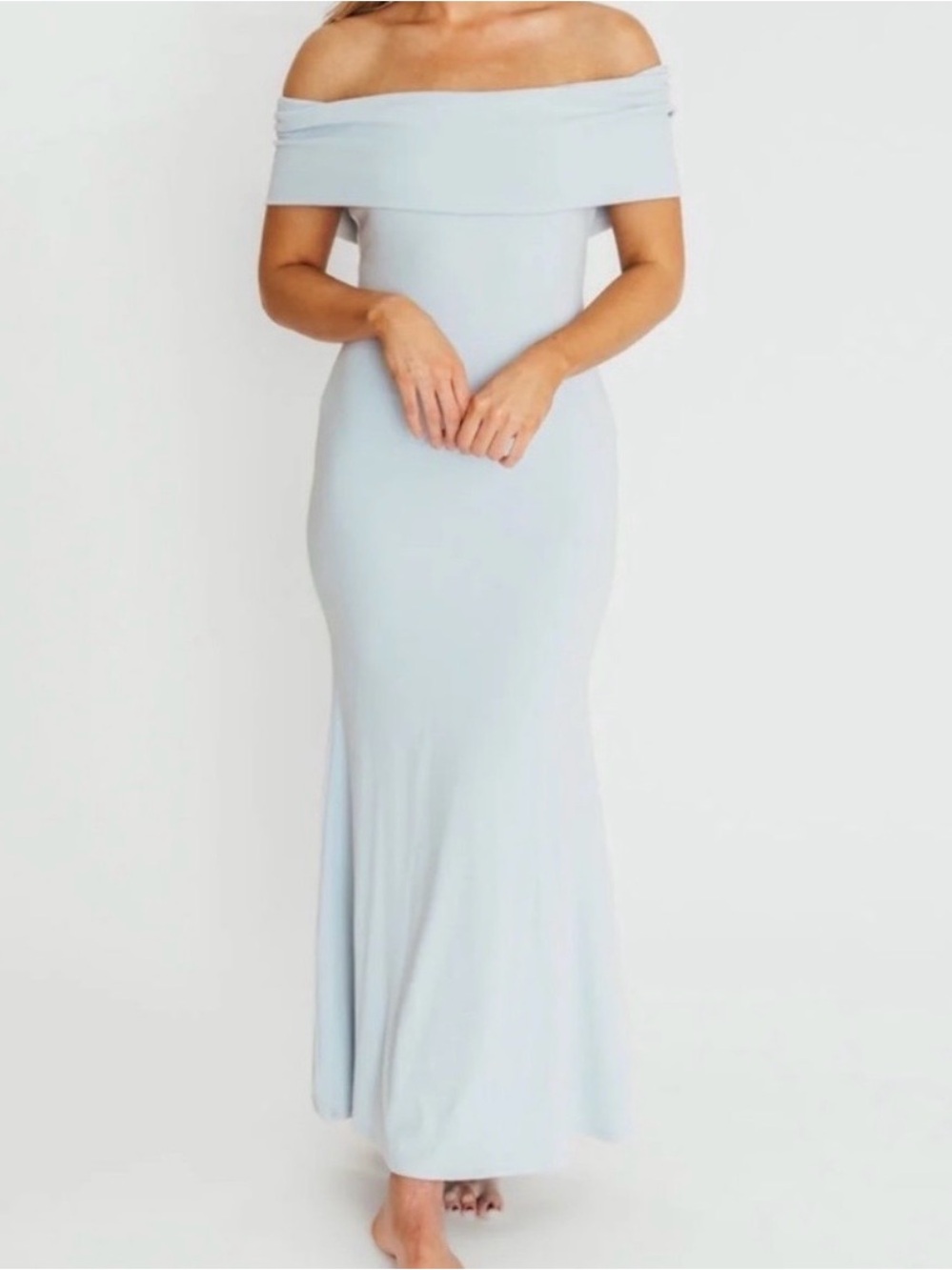 Worth collective large light blue Maxi photo maternity Dress off shoulder sleeve